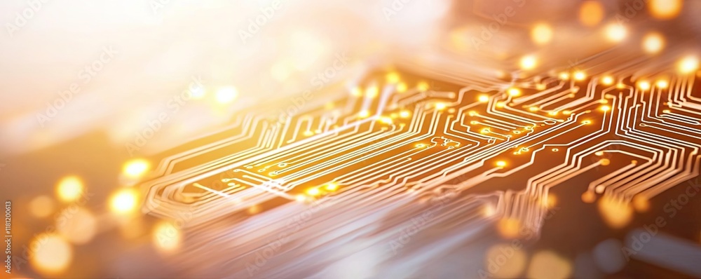 Poster gold abstract background idea. close-up view of a printed circuit board with glowing connections.