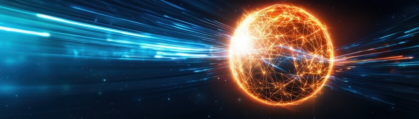 Fototapeta premium A vibrant depiction of a glowing sphere surrounded by dynamic light trails, symbolizing energy, technology, and connectivity in a digital world.