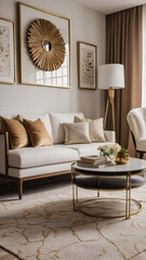Golden contemporary design with neutral sofa large windows abstract art and luxurious rug under the furniture Contemporary Interior Design Livingroom Inspiration