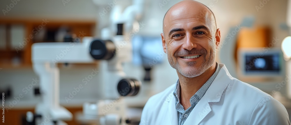 Aufkleber man in a white lab coat is smiling in front of a medical device. concept of professionalism and expe