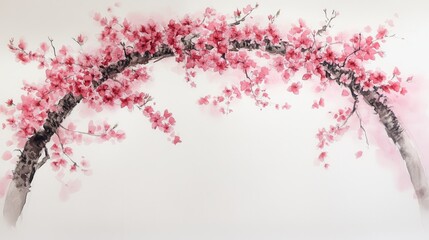 Obraz premium Watercolor Cherry blossom blooming flower,Sakura tree or forest side view,Cherry tree spring flower background,elements for environment and garden,botanical in spring season.