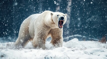 Arctic Predator: A Polar Bear Roars in a Snowstorm