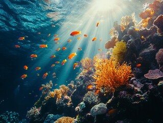Naklejka premium Sunbeams Illuminating Vibrant Coral Reef and Fish