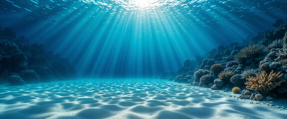 Naklejka premium underwater view with sandy floor and coral reef