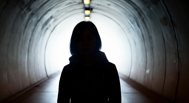 Fototapeta Silhouette of young asian female in illuminated tunnel
