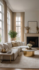 Modern interior with golden details abstract art neutral sofa and spacious large windows filling the room with light Contemporary Interior Design Livingroom Inspiration