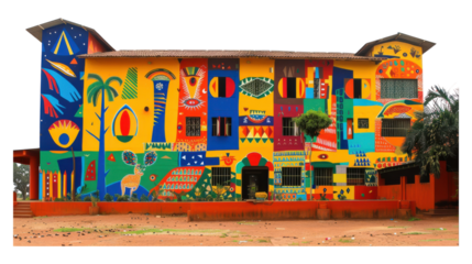 Vibrant mural transforms building in colorful artistic expression transparent background