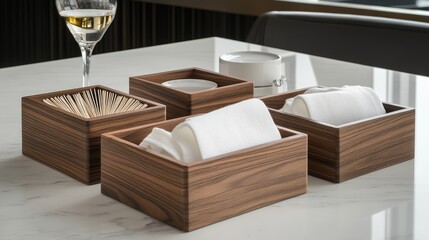 A modern dining table with chic wooden boxes holding dining essentials like toothpicks and cooling towels.