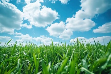 Obraz premium Lush green grass field under sunny blue sky with fluffy clouds; nature background