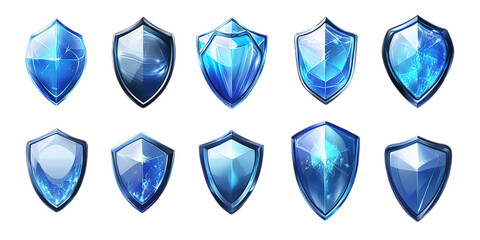 A set of futuristic holographic blue shield icons in a game art style, flat design, and isometric perspective