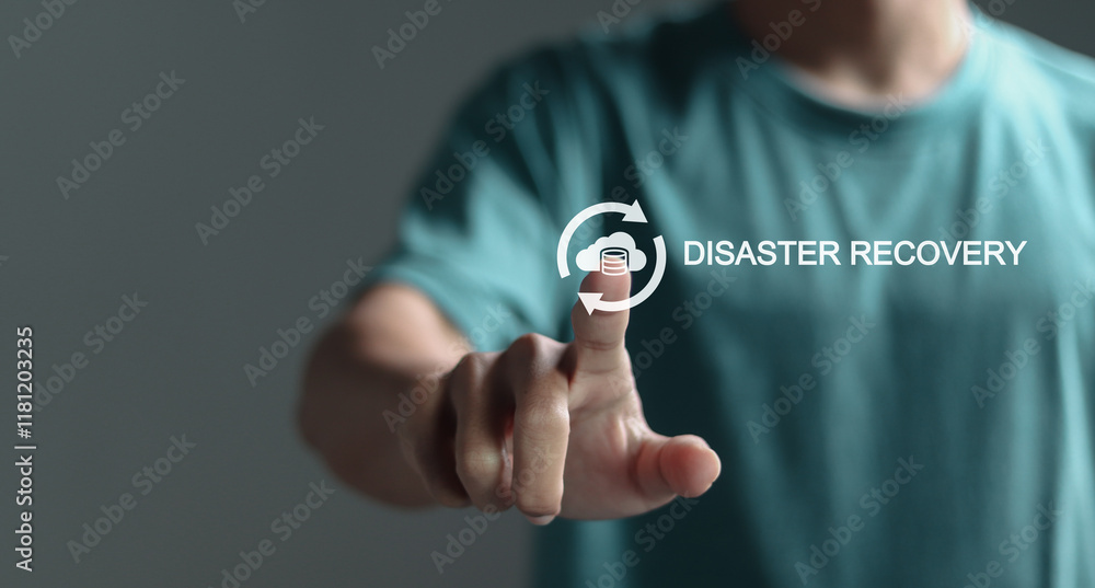 Poster disaster recovery concept, it system protection. person touching disaster recovery icon on virtual s