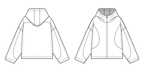 Zip-Up Hoodie Technical Fashion Illustration. Hoodie with full-zip front closure, curved front patch pockets. dropped shoulders. Front and back view. streetwear. Relaxed fit. Unisex. Cad mockup set.