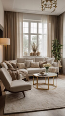 Sophisticated modern interior design with large windows neutral color couch abstract painting and golden accents Contemporary Interior Design Livingroom Inspiration