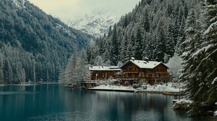 Fototapeta premium Charming lakeside house surrounded by a tranquil, snowy forest landscape in winter wonderland