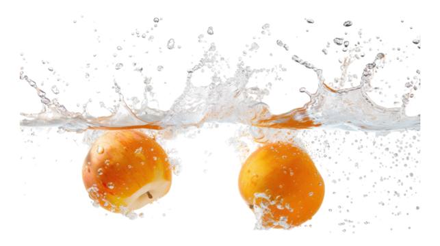 Fresh apples splashing into clear water create a dynamic visual transparent background