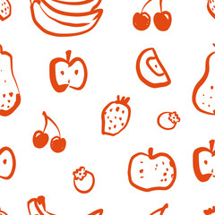 Hand drawn fruits seamless pattern. Naive art drawing of apples, pears, banana and berries. Red and white colours.