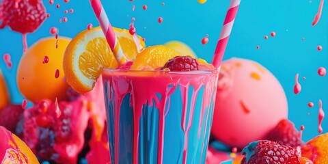 Vibrant fruit smoothie splashing against a colorful backdrop
