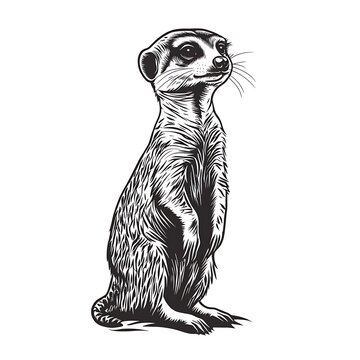 Standing meerkat illustration in black and white.