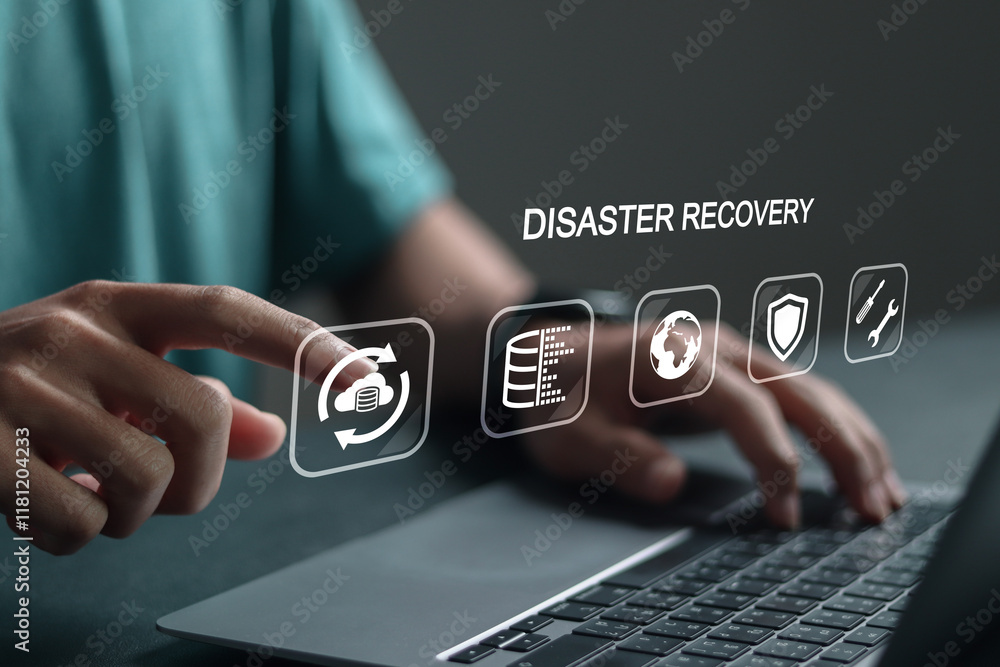 Poster disaster recovery concept, it system protection. person using laptop with disaster recovery icon on 