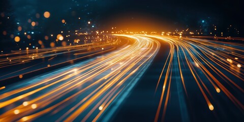 Dynamic light trails on a winding road at night