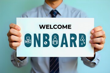 A man in front of a blue backdrop, holding a Welcome Onboard signd