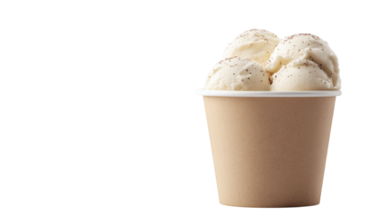 scoops of creamy vanilla ice cream in brown paper cup isolated on white transparent background