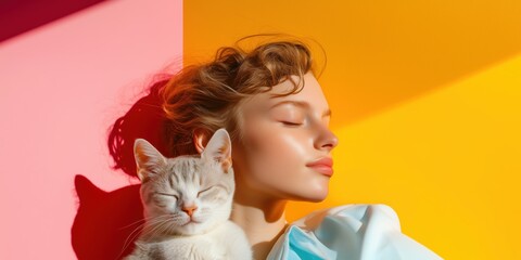 Serene moment with a cat and a woman in vibrant colors