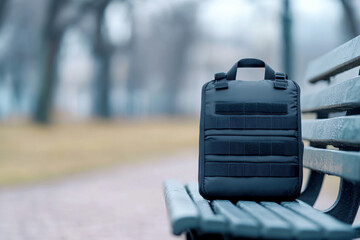 Obraz premium A black backpack resting on a park bench in a serene environment.