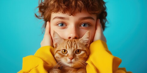 Young person cuddling a ginger cat against a vibrant backdrop
