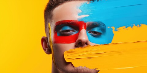 Creative portrait with vibrant face paint on a bold backdrop