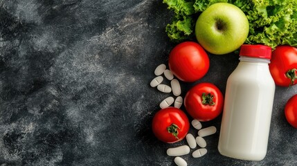 A shot of calcium-rich food options paired with a bottle of children's calcium pills.