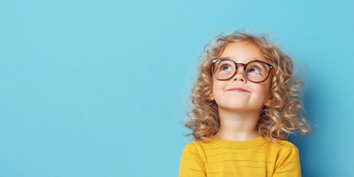 A young smiling child with curly hair and eyewear glances upward against a pleasant blue backdrop, embodying curiosity and innocence. The image features ample blank space for text or design