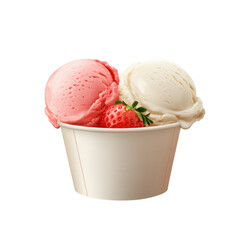 scoops of vanilla and strawberry ice cream in paper cup isolated on white transparent background