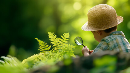 A child wearing a straw hat investigates nature with a magnifying glass. The scene features green ferns and bright sunlight, highlighting curiosity, learning, and connection with the outdoors.