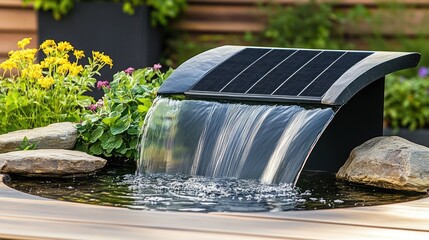 A solar-powered waterfall cascading over smooth stones in a garden water feature.