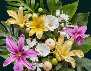 Fototapeta premium Vibrant Tropical Flowers Bouquet Exotic Blooms Lush Green Leaves