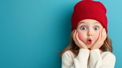 A young girl showing a surprised facial expression, wearing a red woolen hat and a white sweater, posed against a teal blue solid background with her hands framing her cheeks.