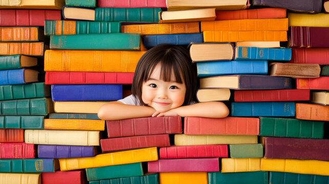 A cheerful young Asian girl peeks out from a tall stack of colorful books, symbolizing learning, curiosity, and joy in a whimsical and educational environment.