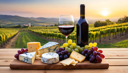 Glass of red wine with assorted cheeses and grapes on a wooden board with a scenic vineyard at sunset in the background. National cheese and wine day.