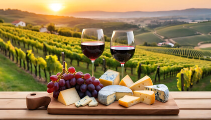 Glass of red wine with assorted cheeses and grapes on a wooden board with a scenic vineyard at sunset in the background. National cheese and wine day.