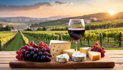 Glass of red wine with assorted cheeses and grapes on a wooden board with a scenic vineyard at sunset in the background. National cheese and wine day.