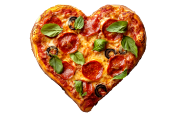 Heart shaped pepperoni pizza with melted cheese and crispy crust, isolated on white transparent background, perfect for love or romantic themes