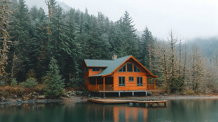 Fototapeta premium Rustic cabin on a lake nestled amongst misty forest.