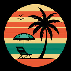 Tropical Beach Scene with Palm Tree and Beach Chair at Sunset