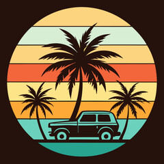 Retro Beach Vibes: Vintage Car and Palm Trees at Sunset