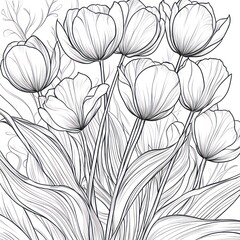 Line art tulips bouquet, white background, coloring page, design element