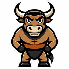 Cartoonish Muscular Minotaur Character with Large Horns and Black Shorts