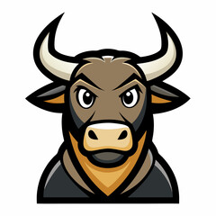 Fierce Cartoon Bull Head with Large Curved Horns and Stern Expression