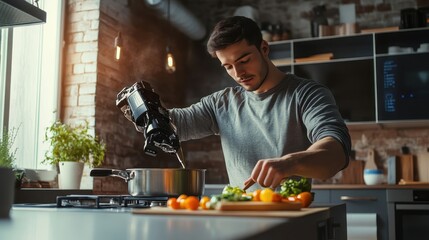 Fototapeta premium Young man with a robotic arm cooking in a modern kitchen chopping vegetables and stirring a pot