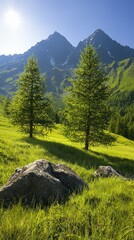 Majestic Alpine Mountain Landscape with Pine Trees A Panoramic Serenity